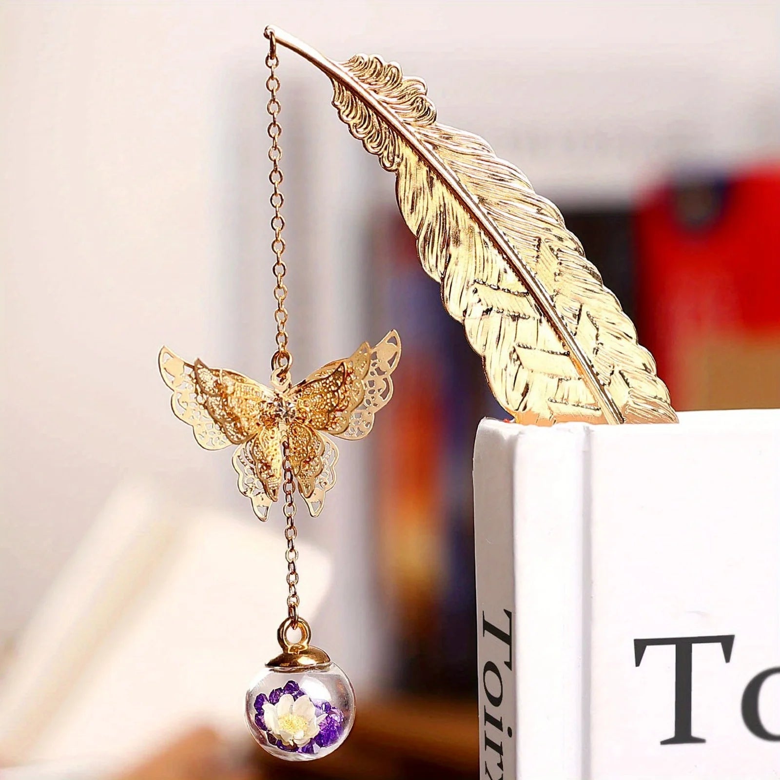 1PC elegant metal bookmark - decorated with golden feathers and flowers, a school gift, a Christmas and Valentine's Day gift - élise & madelyn