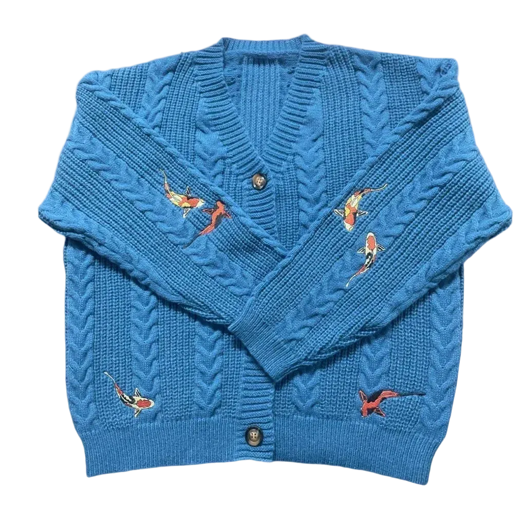 2025 Spring Women Trend ttpd Loose Fitting Floral Embroidered Knitted Cardigan Y2k Regulai Fit Blue Koi Cardigans Female - élise & madelyn