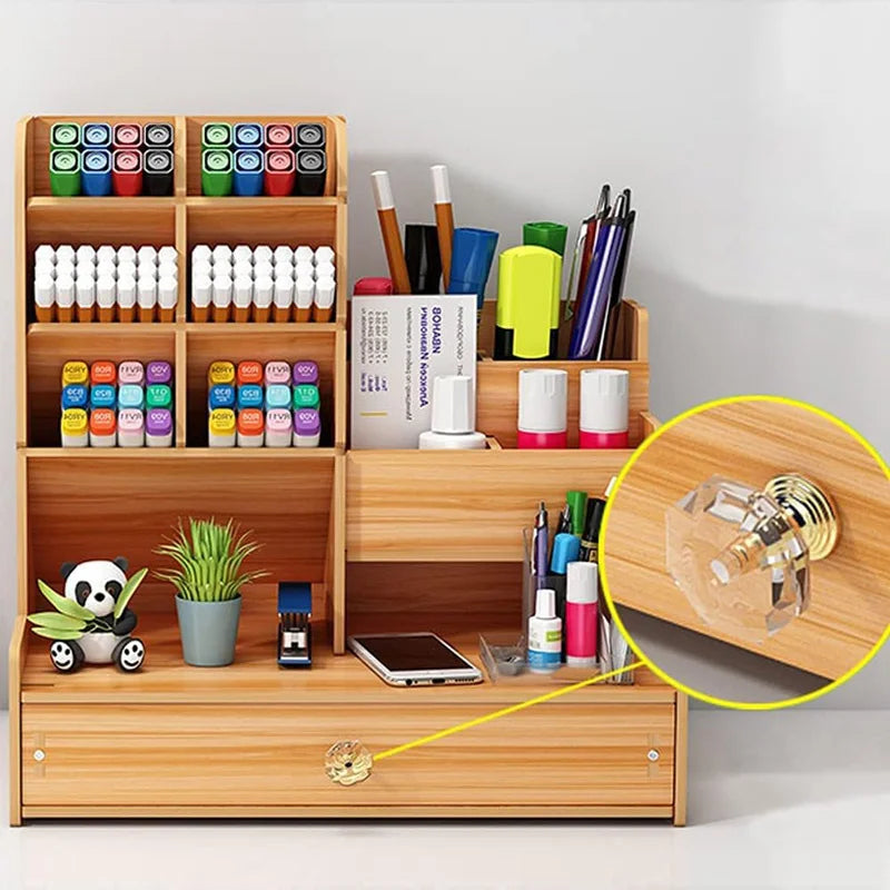Wooden Desk Organiser DIY Desktop Tidy Pen Holder Large Capacity Stationery Storage Box with Drawer for Home Office and School - élise & madelyn