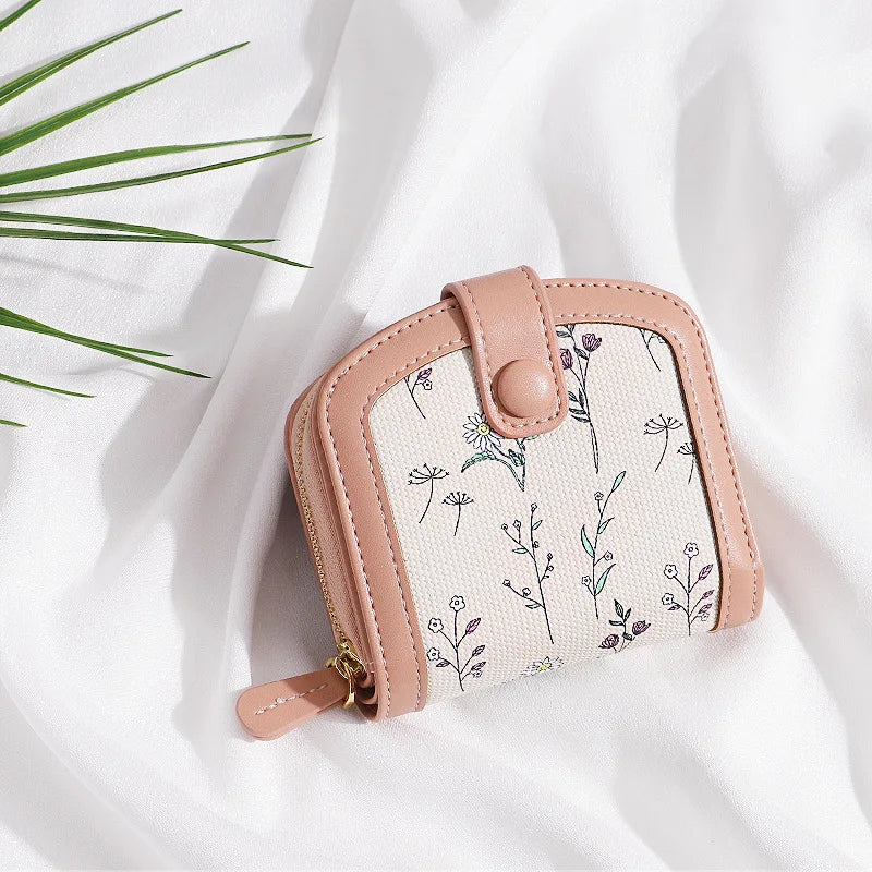Fresh Floral Print Mini Wallet Short Zipper Design PU Leather Coin Purse Card Holder for Women Sweet Style Student Friendly