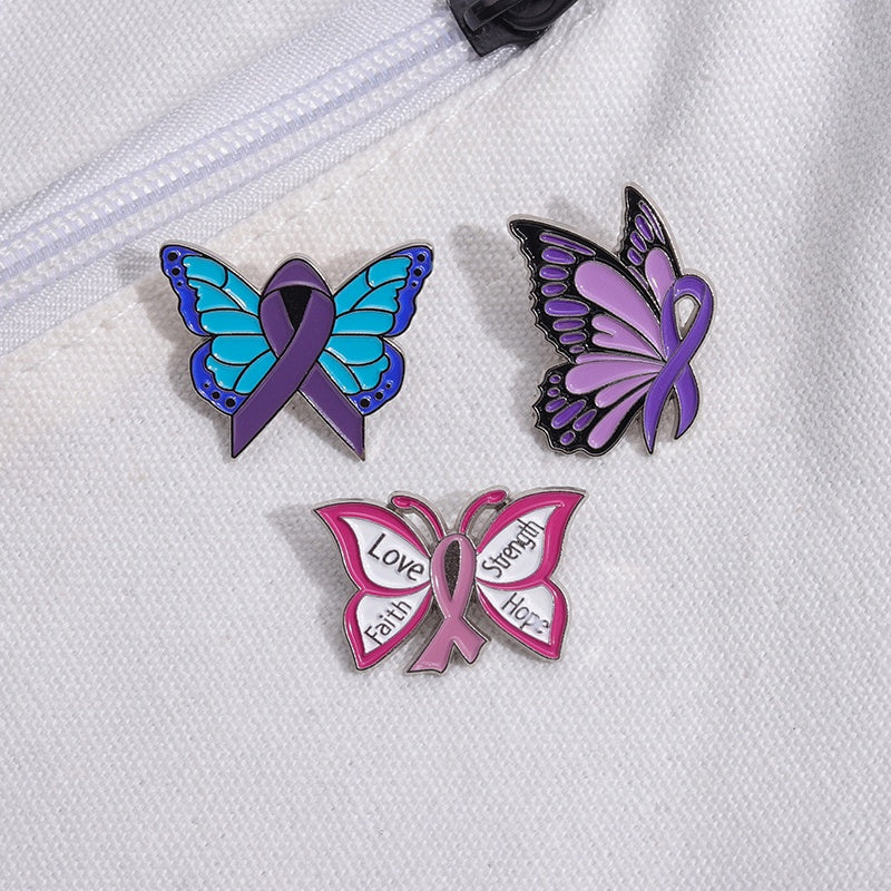 Pink Butterfly Enamel Awareness Pin – Breast Cancer & Purple Awareness Month Symbol Brooch