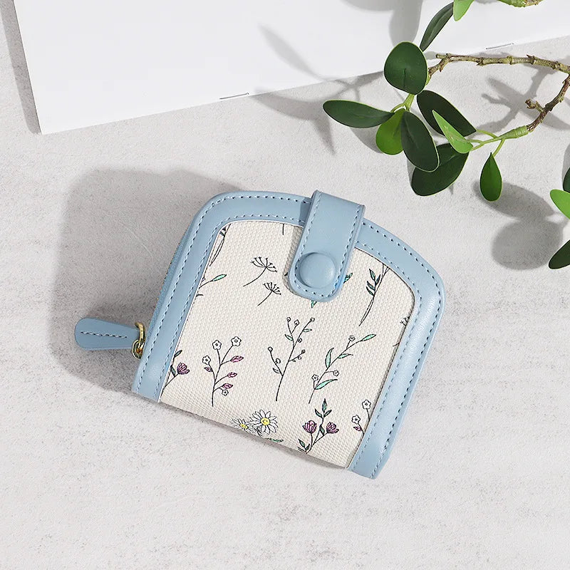 Fresh Floral Print Mini Wallet Short Zipper Design PU Leather Coin Purse Card Holder for Women Sweet Style Student Friendly