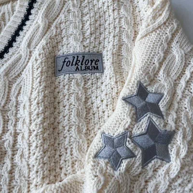 Beige Folklore Cardigan Women Letter Patch with Star Embroidered Knitted Sweater Female Winter Autumn Casual Oversized Cardigans - élise & madelyn