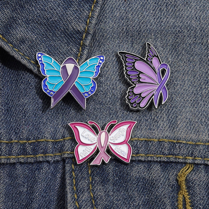 Pink Butterfly Enamel Awareness Pin – Breast Cancer & Purple Awareness Month Symbol Brooch