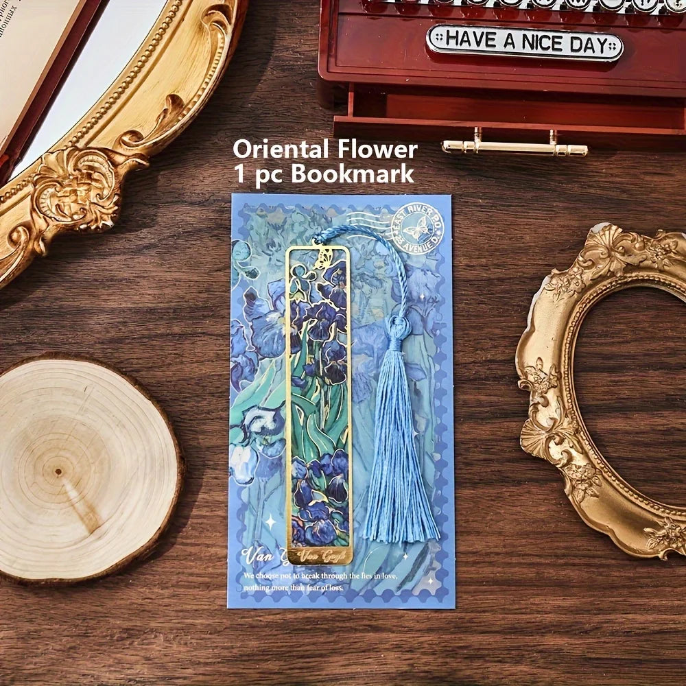 Vintage Oil Painting Metal Bookmarks - Hollow Hot Stamping Long Tassel Bookmarks - Stationery Gifts for Book Clubs, Book Lovers,