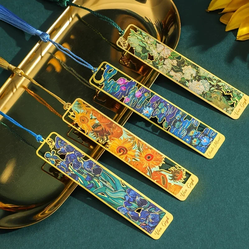 Vintage Oil Painting Metal Bookmarks - Hollow Hot Stamping Long Tassel Bookmarks - Stationery Gifts for Book Clubs, Book Lovers,