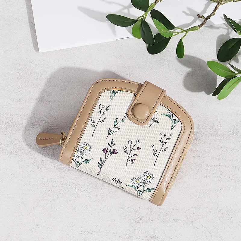 Fresh Floral Print Mini Wallet Short Zipper Design PU Leather Coin Purse Card Holder for Women Sweet Style Student Friendly