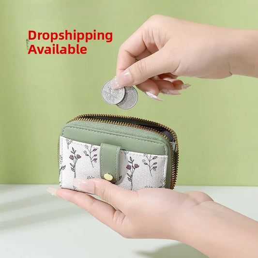New Arrival Floral Zipper Mini Wallet Women's Compact Coin Purse Multi-Functional Storage Card Holder Fashionable PU Leather