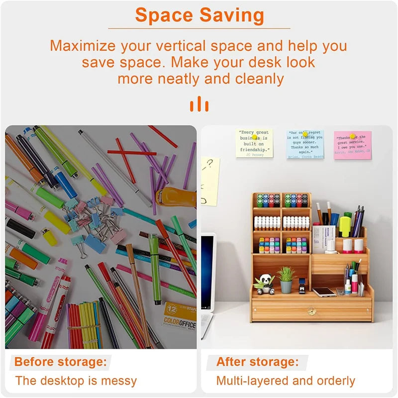 Wooden Desk Organiser DIY Desktop Tidy Pen Holder Large Capacity Stationery Storage Box with Drawer for Home Office and School - élise & madelyn