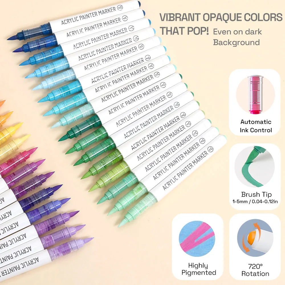 Automatic Ink Control Acrylic Paint Markers, 9 pcs Brush Tip Acrylic Paint Pens set with 7 professional color series - élise & madelyn