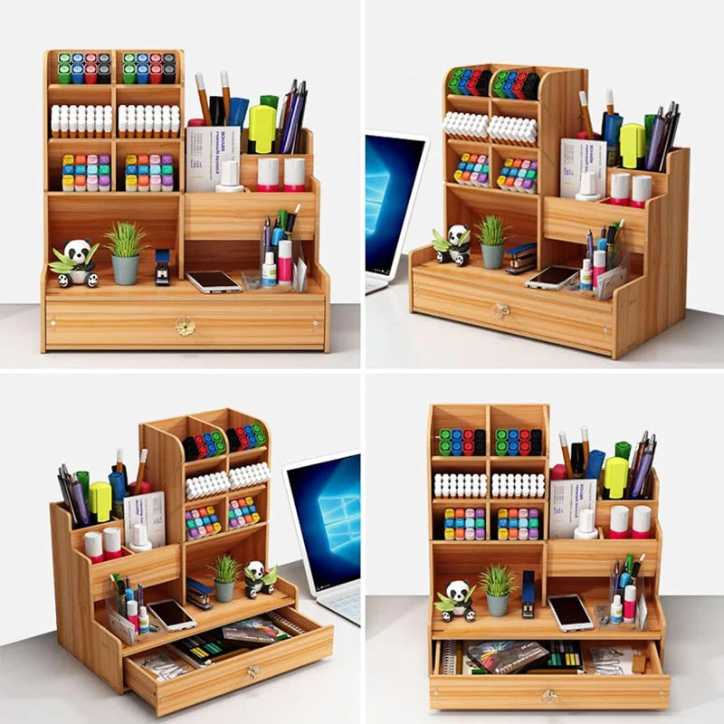 Wooden Desk Organiser DIY Desktop Tidy Pen Holder Large Capacity Stationery Storage Box with Drawer for Home Office and School - élise & madelyn