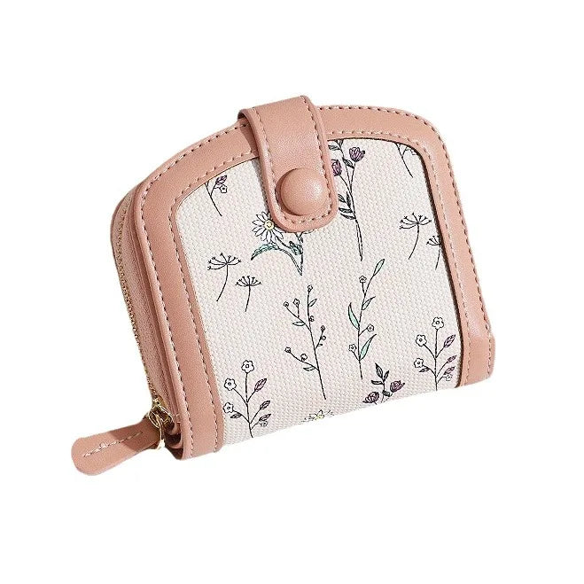 Fresh Floral Print Mini Wallet Short Zipper Design PU Leather Coin Purse Card Holder for Women Sweet Style Student Friendly