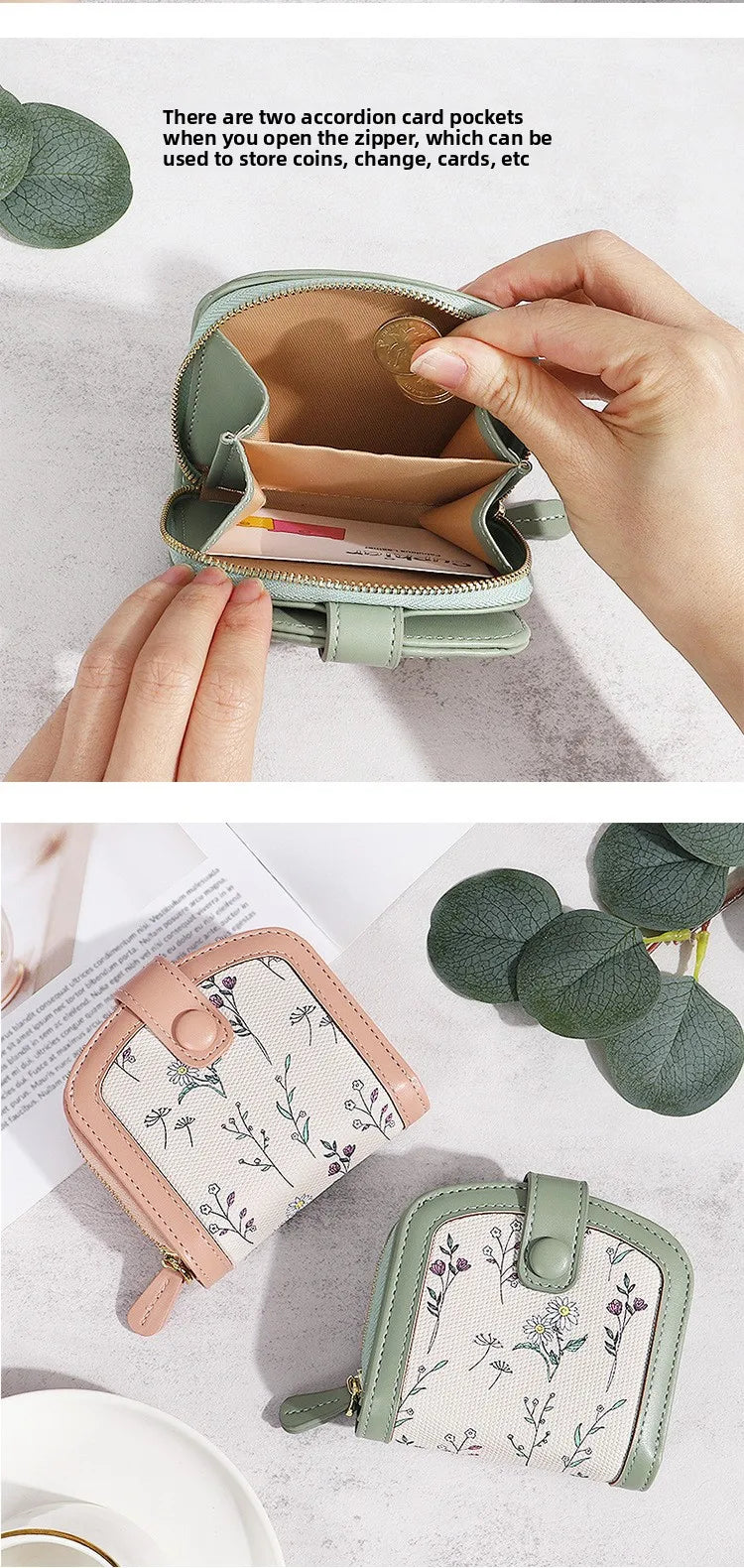 Fresh Floral Print Mini Wallet Short Zipper Design PU Leather Coin Purse Card Holder for Women Sweet Style Student Friendly