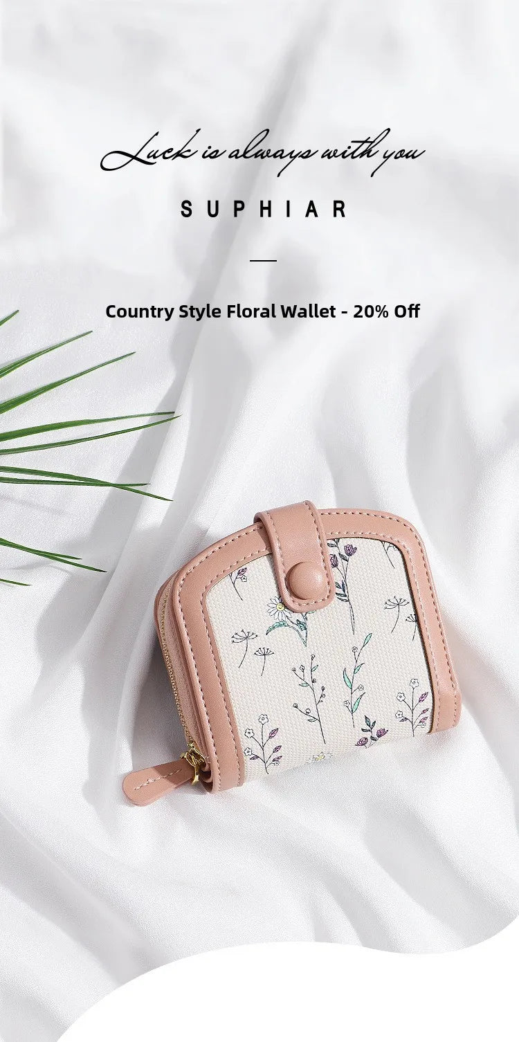 Fresh Floral Print Mini Wallet Short Zipper Design PU Leather Coin Purse Card Holder for Women Sweet Style Student Friendly