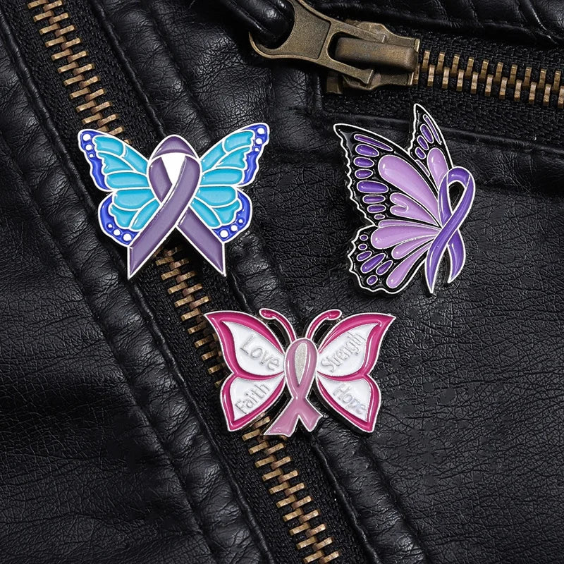 Pink Butterfly Enamel Awareness Pin – Breast Cancer & Purple Awareness Month Symbol Brooch