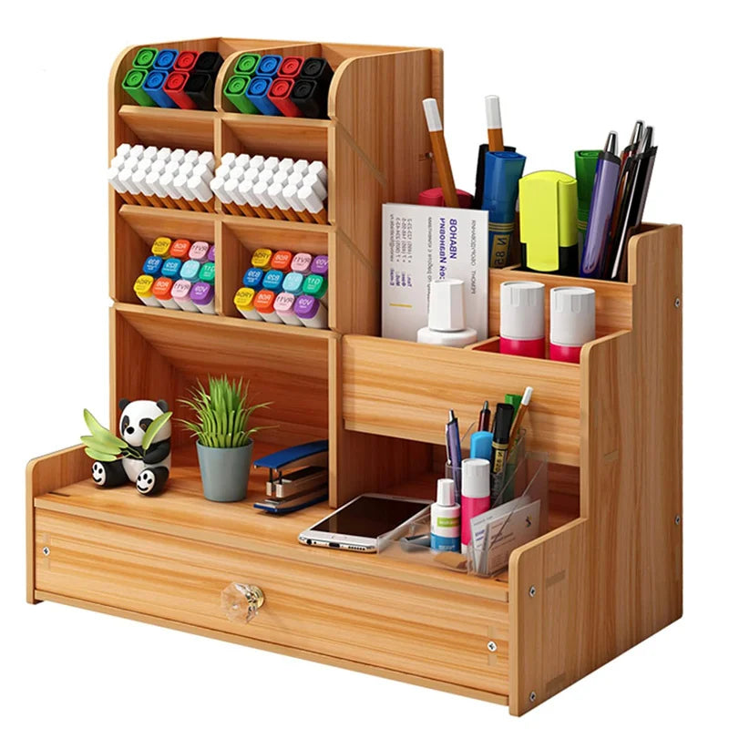 Wooden Desk Organiser DIY Desktop Tidy Pen Holder Large Capacity Stationery Storage Box with Drawer for Home Office and School - élise & madelyn