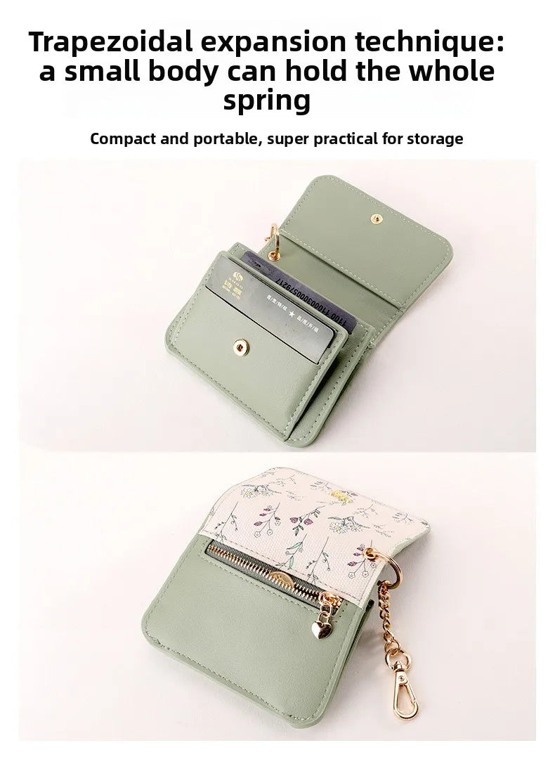 Portable Thin PU Floral Card Holder Women's Compact Keychain Coin Purse Spring Summer Versatile Lightweight Wear Resistant