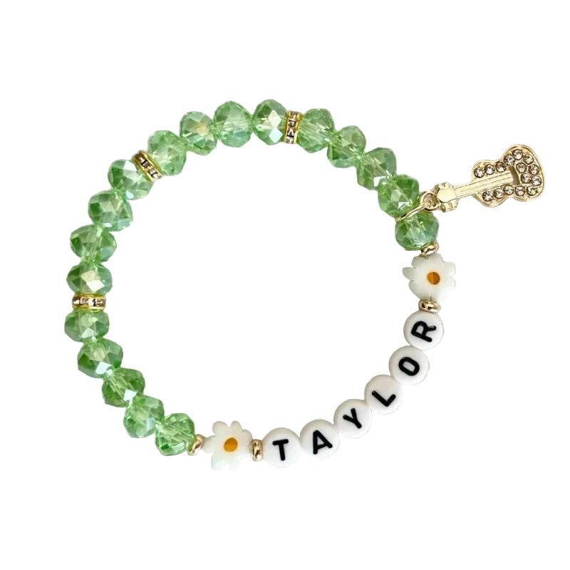 Debut-Era Inspired Friendship Bracelet – Green Crystal Beads & Guitar Charm | Aesthetic Fan Gift - élise & madelyn