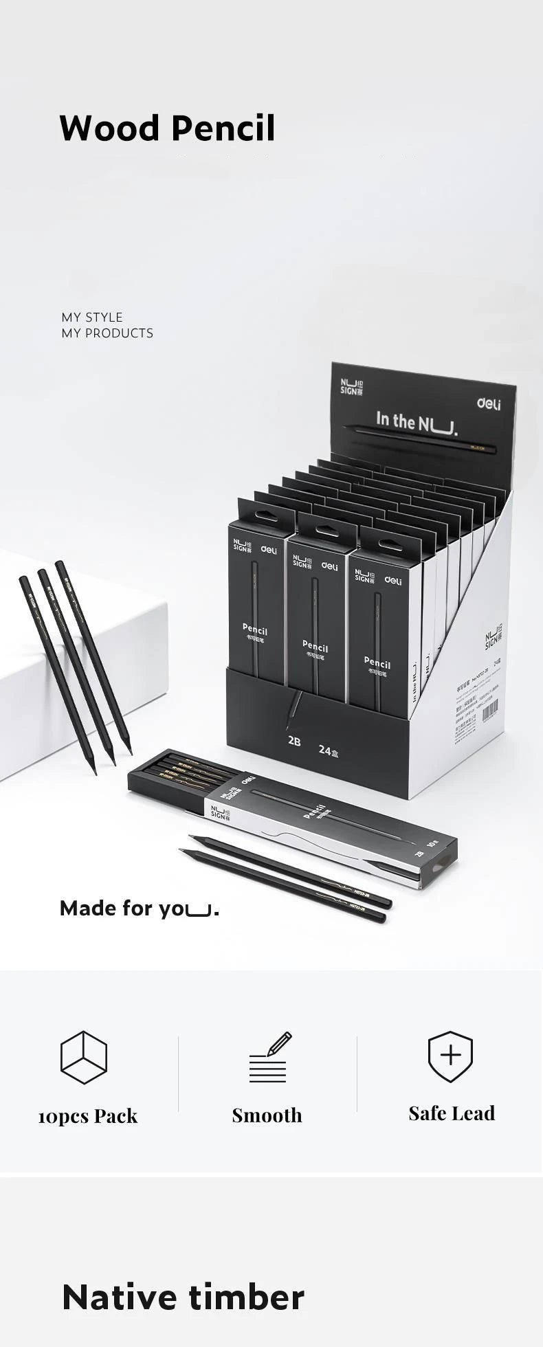 Black Wood Graphite Pencil Set HB 2B Black Lead Office Writing Pencil 10pcs Pack Gift Stationery - élise & madelyn