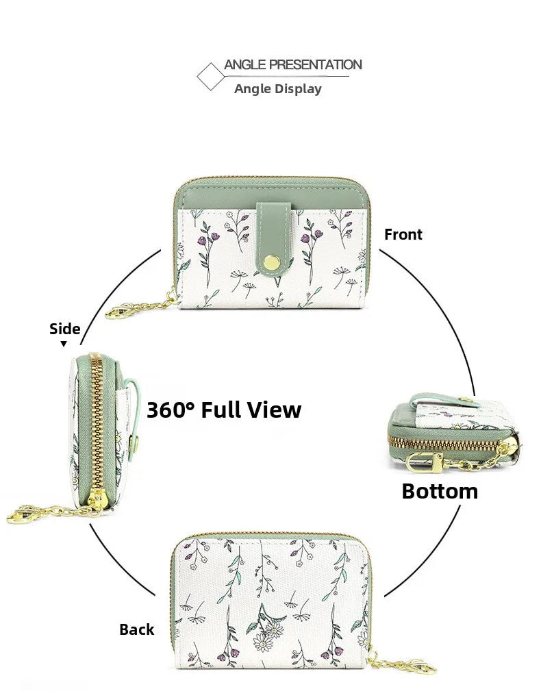 New Arrival Floral Zipper Mini Wallet Women's Compact Coin Purse Multi-Functional Storage Card Holder Fashionable PU Leather