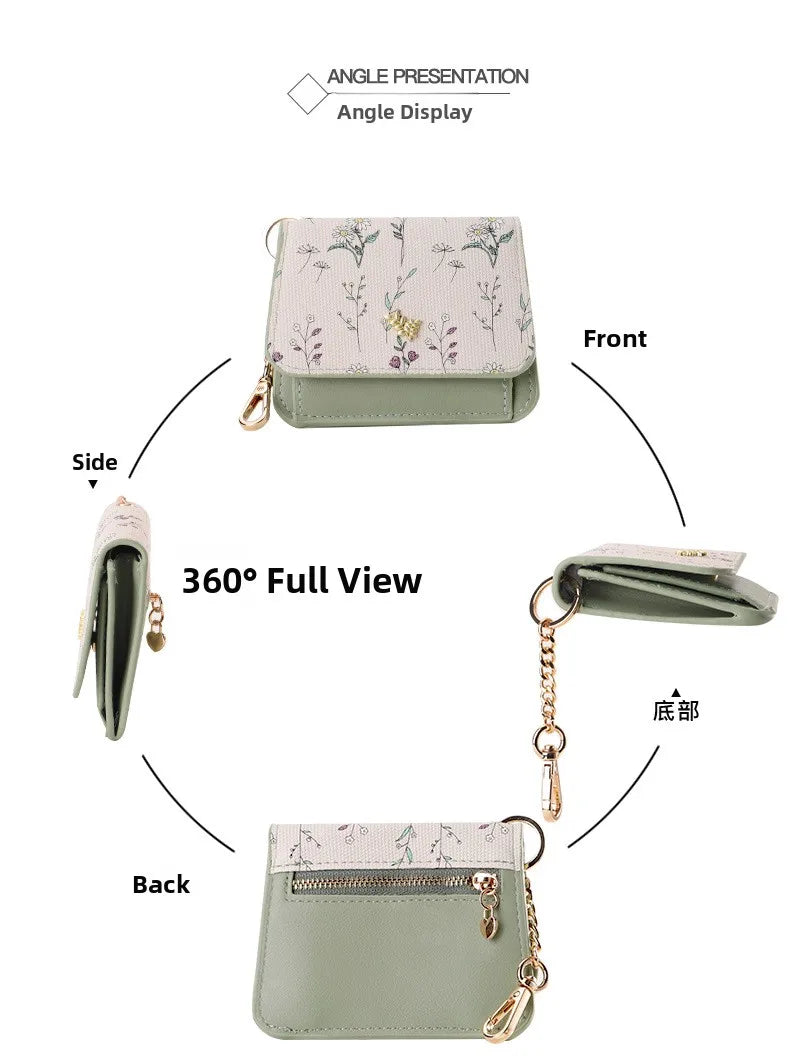 Portable Thin PU Floral Card Holder Women's Compact Keychain Coin Purse Spring Summer Versatile Lightweight Wear Resistant