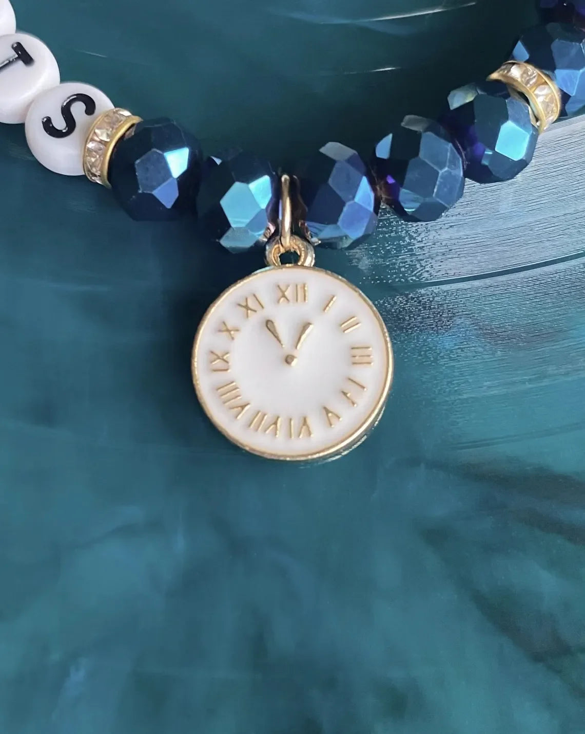 Midnights-Inspired Friendship Bracelet • Blue Crystal Beads + Clock Charm • Swiftie Bracelet Gift - élise & madelyn