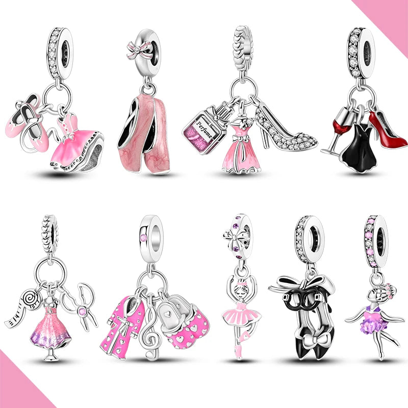 925 Silver Charms Skirt Ballet Shoes Pink Pendants Fit Original Bracelet Beads Diy For Woman Jewelry - élise & madelyn